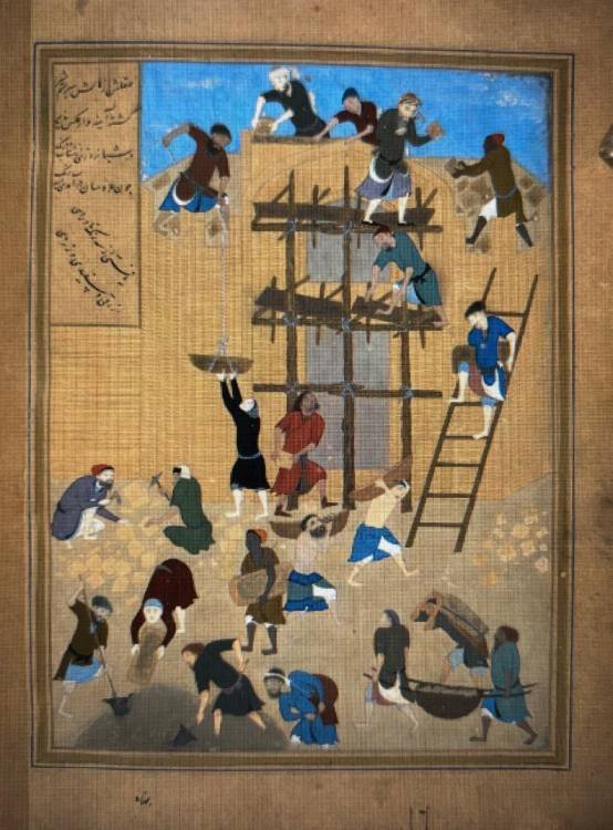 Miniature persane de Kamaleddin Behzad, école de Hérat : la construction du château de Khawarnaq, vers 1494